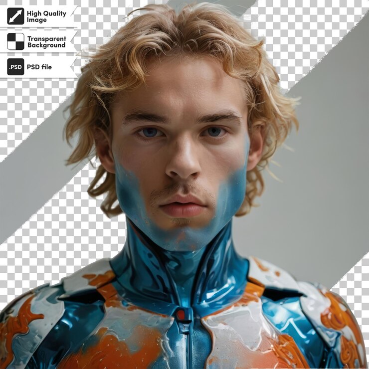 PSD ein mann mit blonden haaren, der einen blauen und orangefarbenen anzug trägt