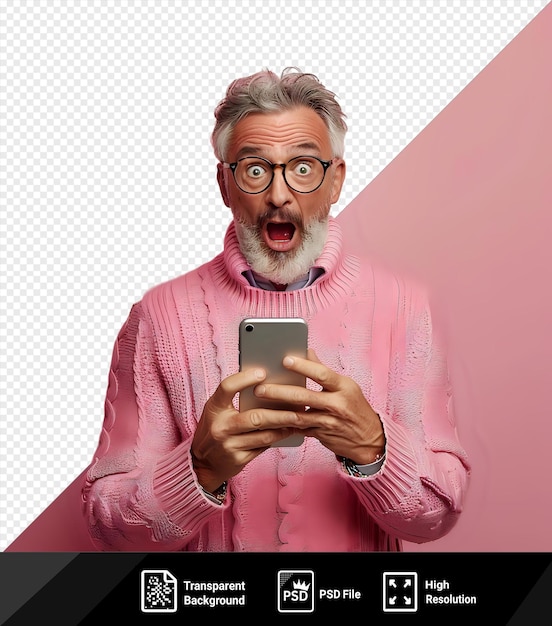 PSD ein mann mit einem bart hält ein telefon mit einem rosa hintergrund