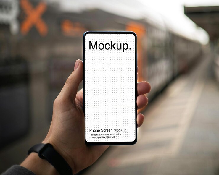 Ein Mann mit einem Handy an einem Bahnhof