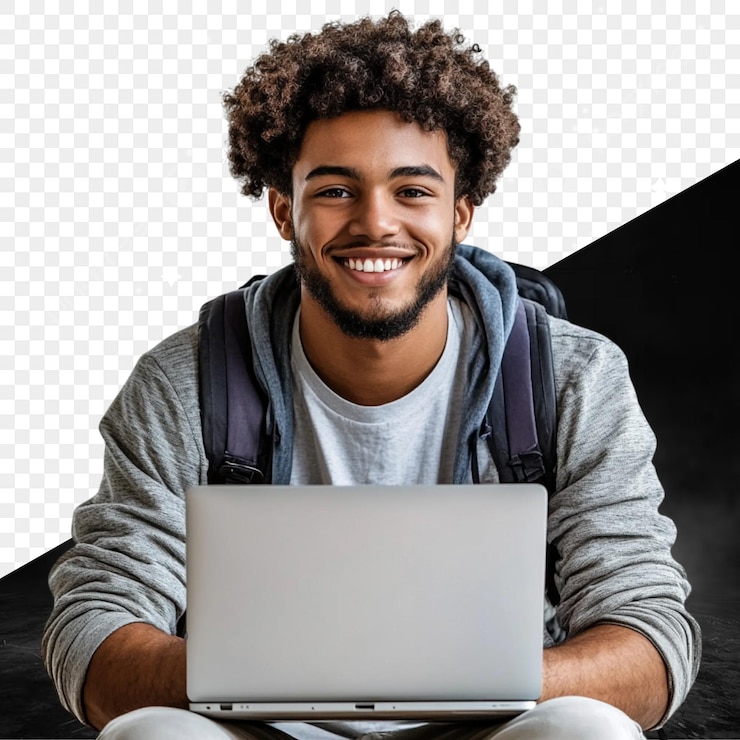 PSD ein mann mit einem rucksack und einem laptop auf seinem lap top