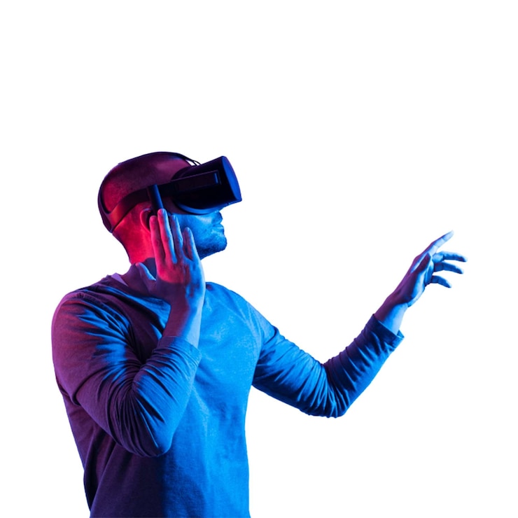 PSD ein mann mit einem virtuellen reality-kopfbedeckung mit einem blauen hemd auf einem weißen hintergrund psd