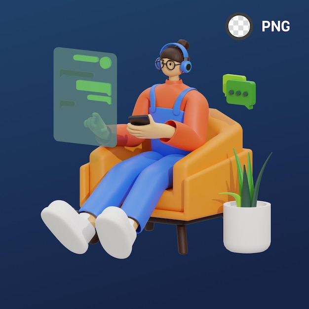 Ein Mann mit Kopfhörern und einem blauen Overall sitzt in einem orangefarbenen Stuhl mit einem Bildschirm, auf dem png steht.