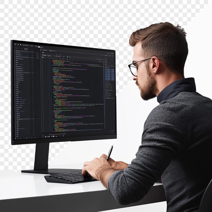 PSD ein mann sitzt an einem computer mit dem wortcode auf dem bildschirm
