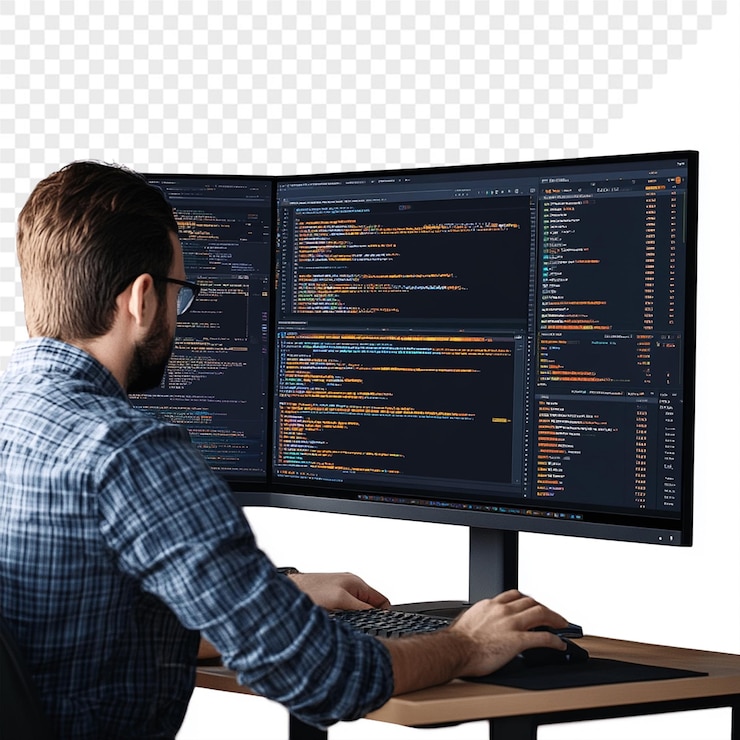 PSD ein mann sitzt an einem computer mit dem wortcode auf dem bildschirm