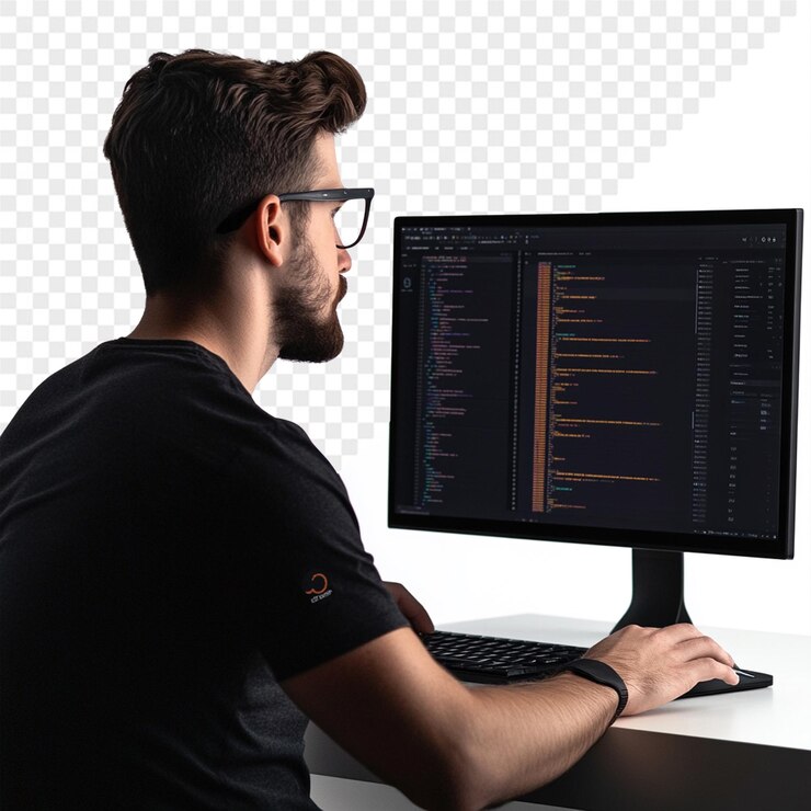 PSD ein mann sitzt an einem computer mit den worten code quote auf dem bildschirm