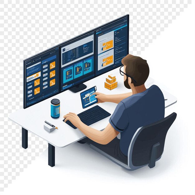 ein Mann sitzt an einem Tisch mit einem Computer und einem Monitor, der einen Mann zeigt, der an einem Tisch sitzt