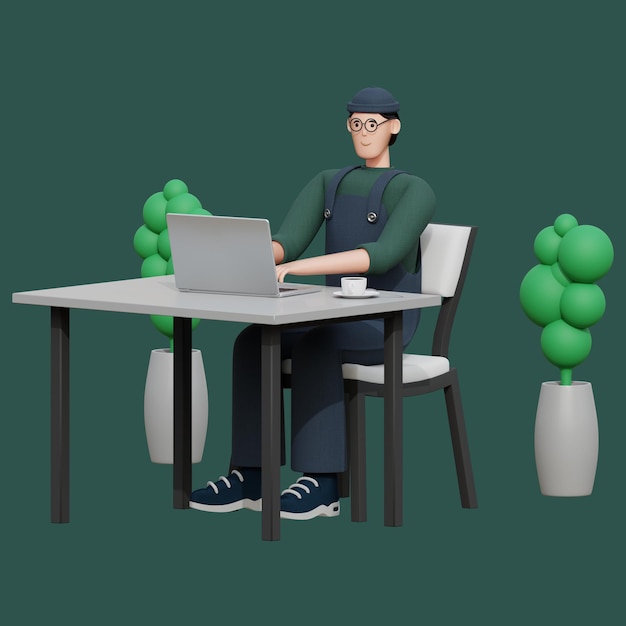 Ein Mann sitzt an einem Tisch mit einem Laptop vor sich.
