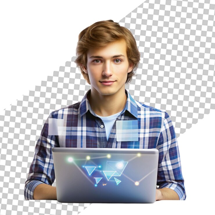 PSD ein mann sitzt auf einem stuhl mit einem laptop vor ihm