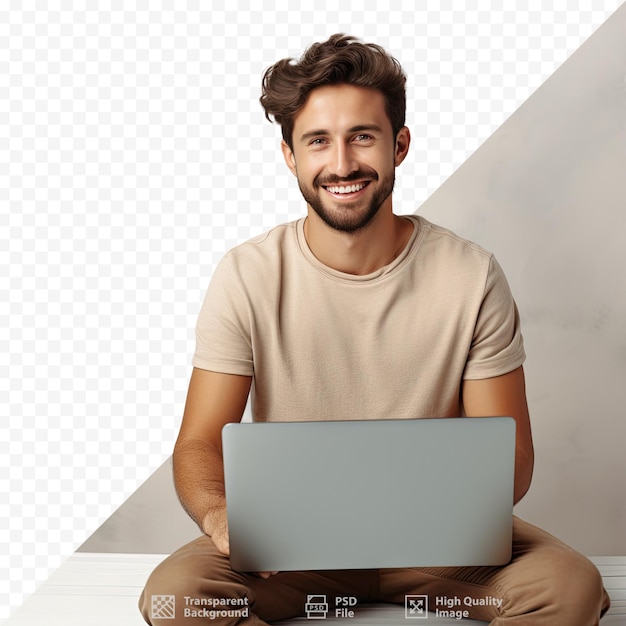 PSD ein mann sitzt mit einem laptop auf dem boden.