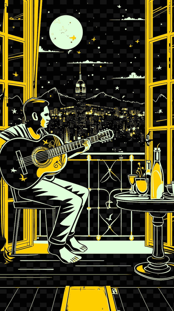 PSD ein mann spielt gitarre vor einem fenster mit einer flasche wein