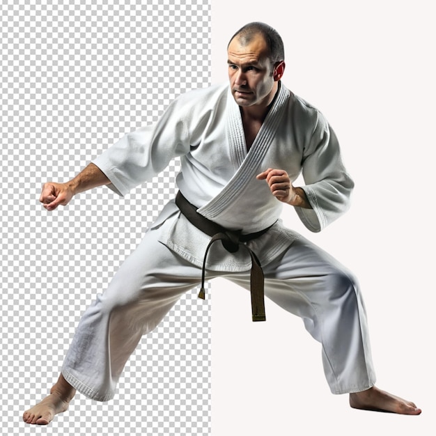 PSD ein mann übt karate mit weißem hintergrund