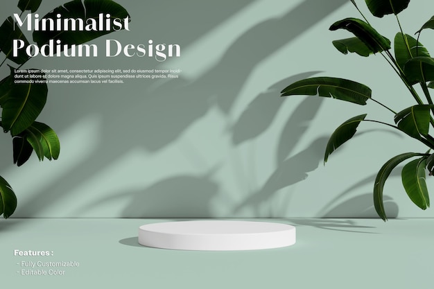 Ein minimalistisches Podium mit grünen Pflanzen, die Schatten auf einen hellfarbenen Hintergrund werfen
