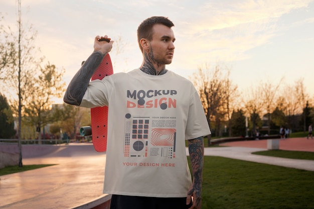 Ein mittelgroßer mann trägt ein urban-design-t-shirt