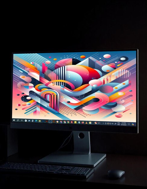 ein Mockup eines Computermonitors mit buntem Hintergrund und farbenfrohem Design