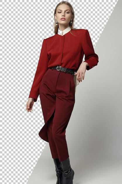 ein Modell, das ein rotes Outfit mit einem schwarzen Gürtel trägt