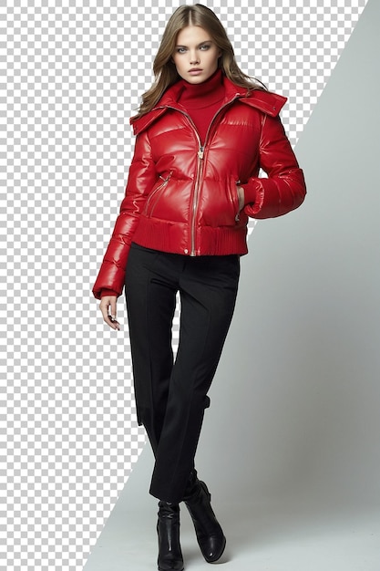 ein Modell, das eine rote Jacke mit Kapuze trägt