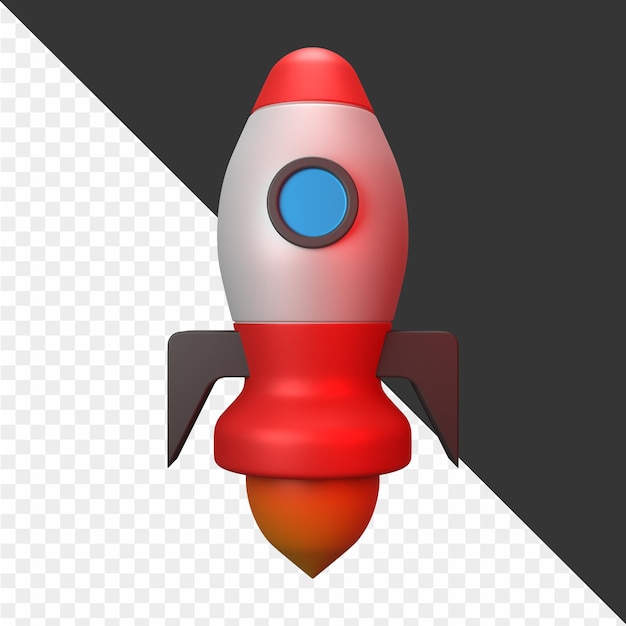 ein Modell einer Rakete mit einem roten und weißen Streifen an der Unterseite