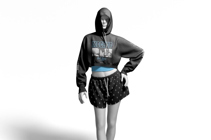 PSD ein modell einer weiblichen figur, die ein hoodie mit dem wort t-shirt trägt