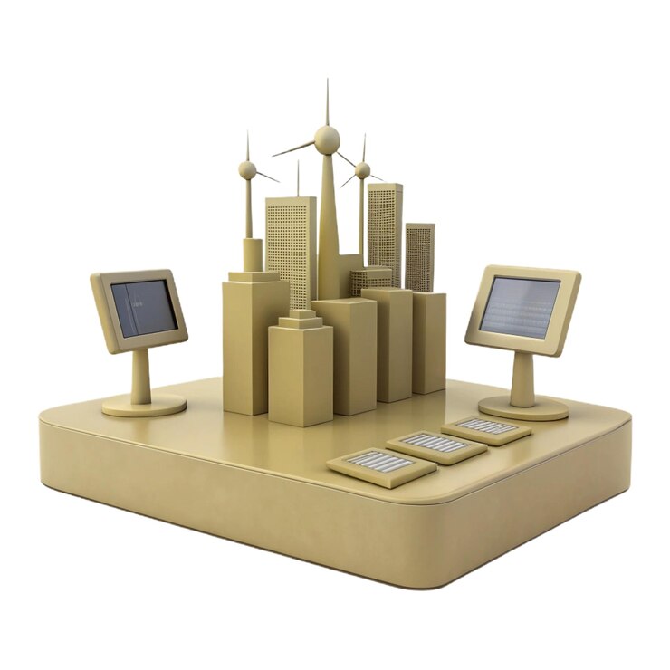 PSD ein modell eines gebäudes mit einem computermonitor an der spitze