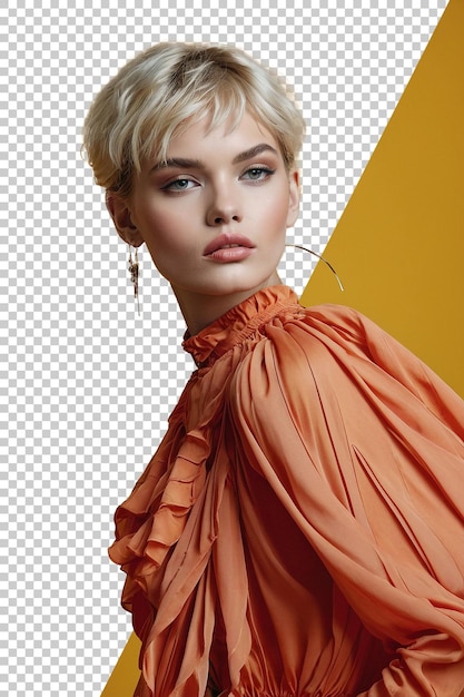 ein Modell mit blonden Haaren und einem roten Kleid