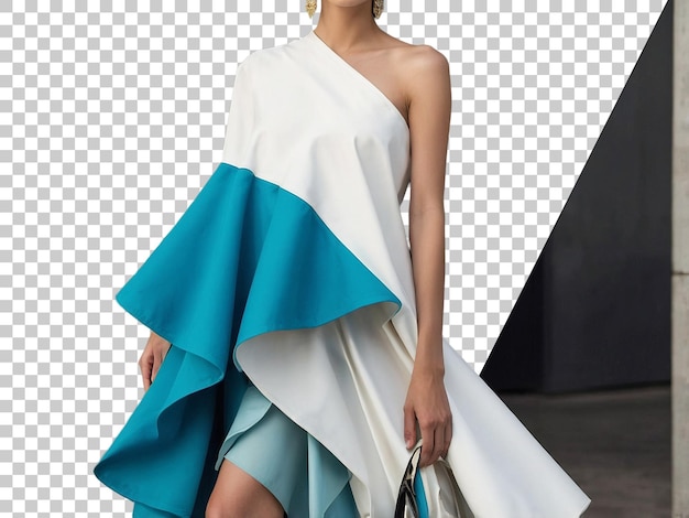 ein Modell mit einem weißen und blauen Kleid