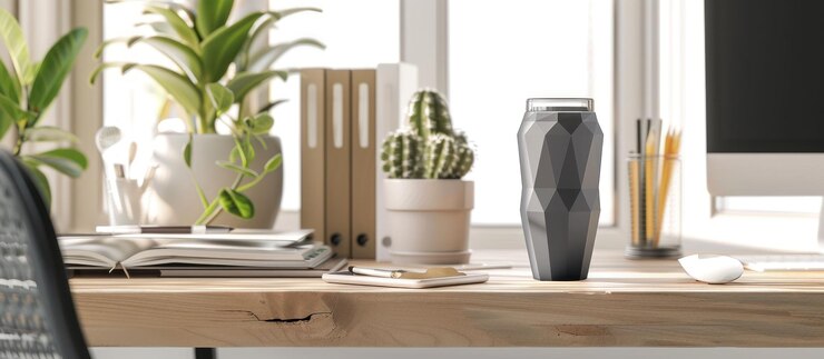 PSD ein moderner büroraum mit einem geometrischen schwarzen lautsprecher auf einem holzschreibtisch mit natürlichem licht und hauspflanzen