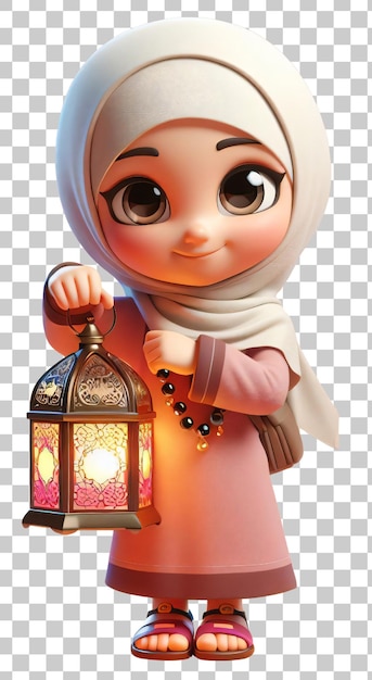 PSD ein muslimisches hijab-mädchen hält eine ramadan-lampe, die auf einem durchsichtigen hintergrund isoliert ist