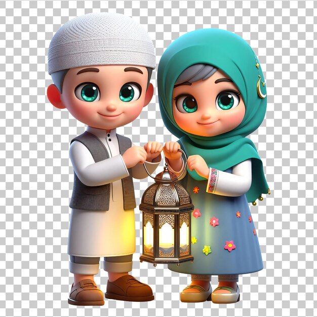 PSD ein muslimisches mädchen und ein muslimischer junge halten eine ramadan-lampe, die auf einem durchsichtigen hintergrund isoliert ist
