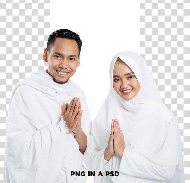 Ein muslimisches Paar in Ihram-Kleidung führt Hajj- oder Umrah-Rituale ab, isoliert auf einem transparenten Hintergrund