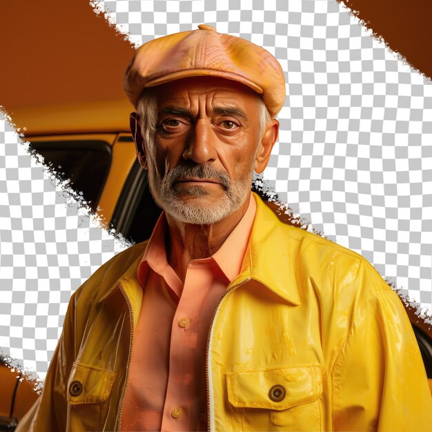 PSD ein nostalgischer älterer mann mit kurzen haaren aus dem nahen osten, gekleidet als taxifahrer, posiert in einem weichen blick mit geneigtem kopf gegen einen pastell-zitronen-hintergrund