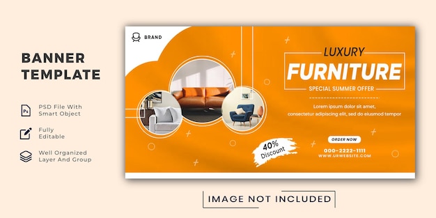 Ein orangefarbenes Banner für Möbelhäuser mit einem Bild einer Couch und einem Bild einer Couch.