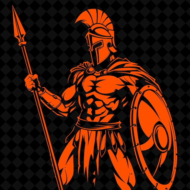 Ein orangefarbenes und schwarzes logo mit einem krieger in einer rüstung und einem schild