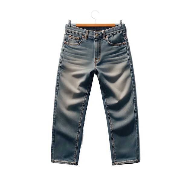 Ein paar blaue jeans mit einem braunen gürtel, auf dem steht no quote auf der unterseite