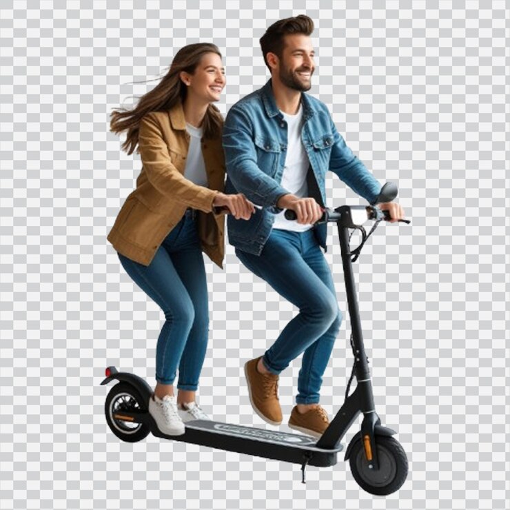 PSD ein paar fährt auf einem elektrischen kick-scooter, das auf einem weißen studio-hintergrund isoliert ist