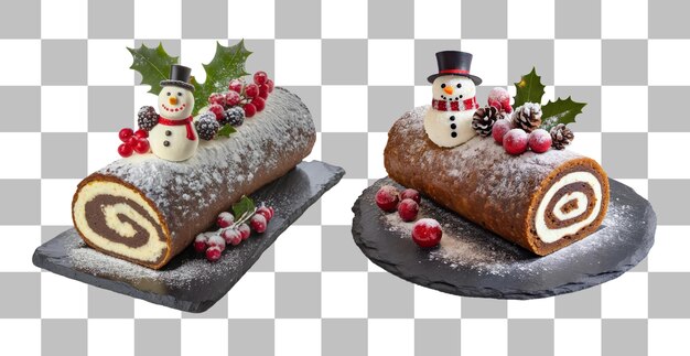 Ein paar schokoladen-weihnachtskuchen, geschmückt mit schneemann und holly-beeren auf durchsichtigem hintergrund