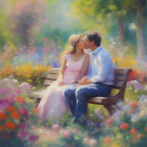 PSD ein paar sitzt auf einer bank in einem bunten blumengarten im impressionistischen stil, ai-generiert