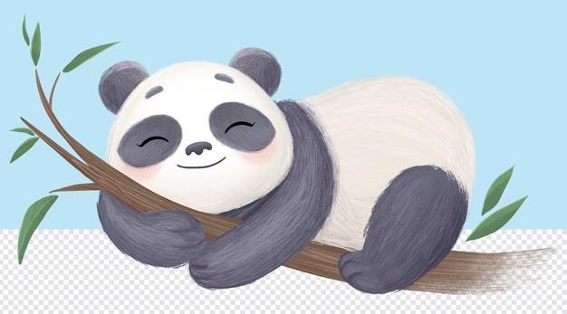 ein Panda-Bär, der mit geschlossenen Augen auf einem Baumstamm liegt