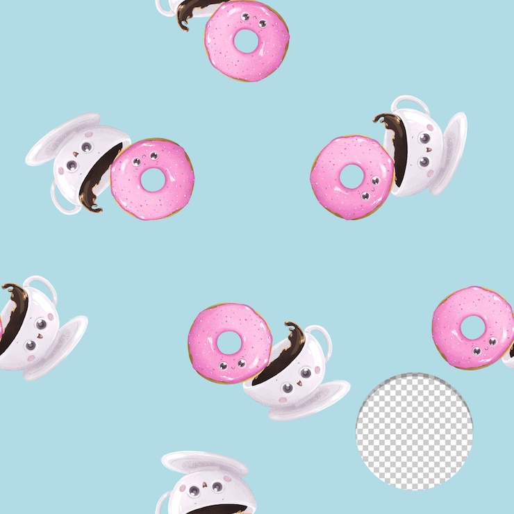PSD ein pastellfarbener hintergrund mit einer tasse kaffee und einem donut mit rosa zuckerguss.