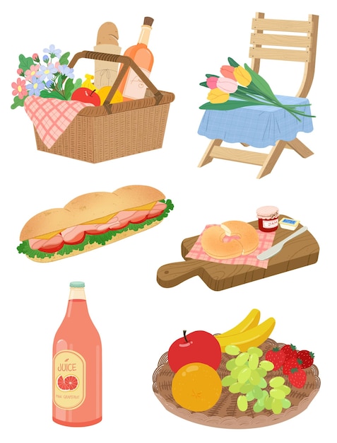 ein Picknickkorb mit einem Korb mit Essen und einer Flasche Apfelcider