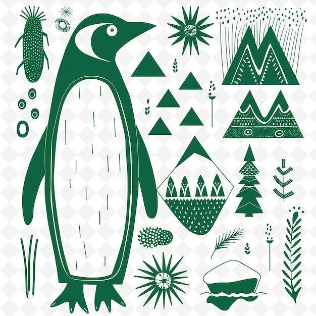 PSD ein pinguin mit grünem hintergrund mit weihnachtsbaum und schneeflocken