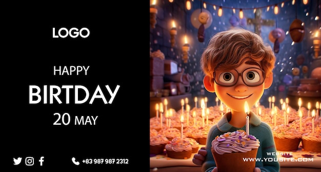 Ein Plakat für eine Geburtstagsfeier mit einem Jungen, der einen Kuchen und einen Kuchen mit der Aufschrift „Happy Birthday“ in der Hand hält.