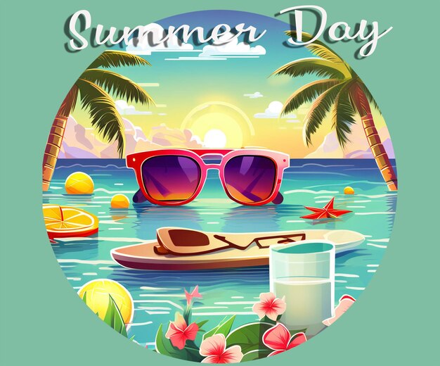 PSD ein plakat für einen sommertag mit sonnenbrille und einer palme an der spitze