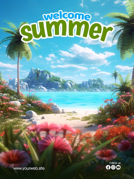 Ein plakat für einen sommerurlaub mit palmen und blumen