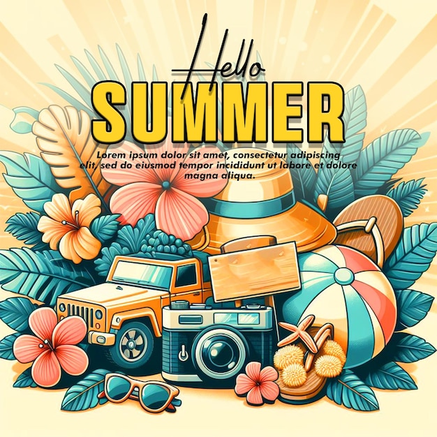 Ein plakat für sommerferien mit einer strandszene und palmen