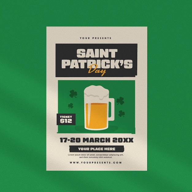 Ein plakat für st. patrick's day mit einem krug bier darauf.