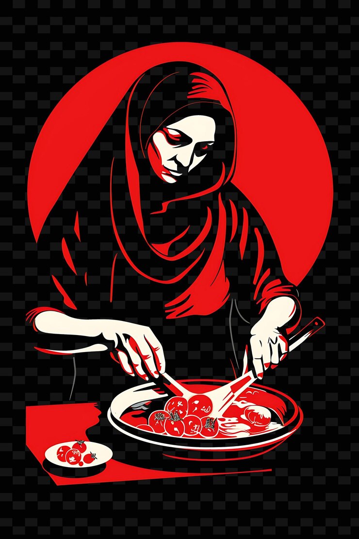 PSD ein plakat mit einer frau, die essen in einer pfanne mit roten eiern kocht