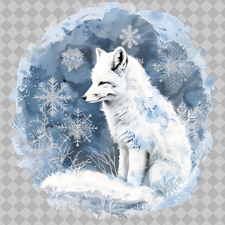 PSD ein polarfuchs mit schneeflocken und schneeflecken darauf