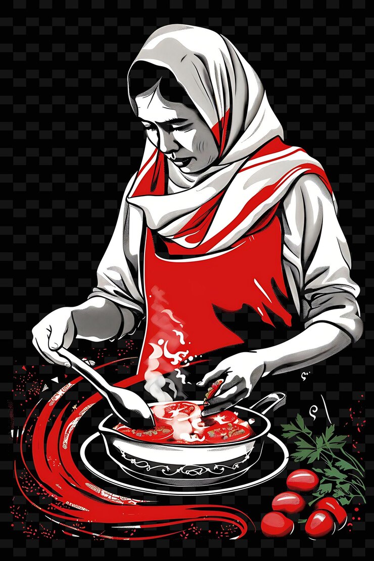 PSD ein poster einer frau, die mit einem topf mit essen kocht