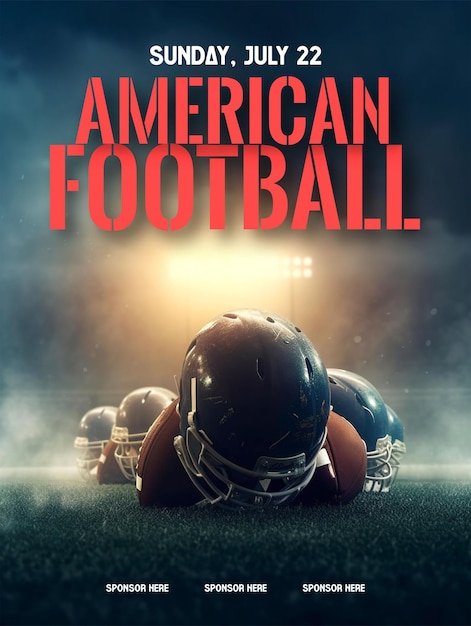 PSD ein poster für american football mit einem footballspieler, der auf dem spielfeld liegt