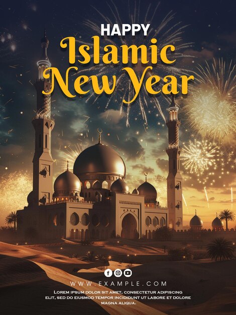 PSD ein poster für das neue jahr mit moschee und feuerwerk